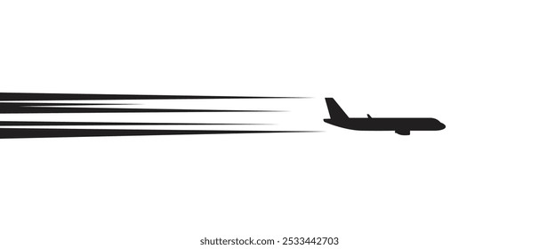 A dynamic drawing of a passenger airplane flying out of the clouds, a simple black and white illustration.