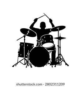 Dynamic drummer silhouette in action during a live concert. Ideal for music promotion event advertising and sports energy concepts.