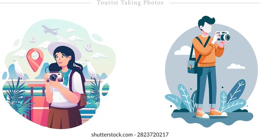 A dynamic dual illustration set depicting young travelers capturing memories under the theme 