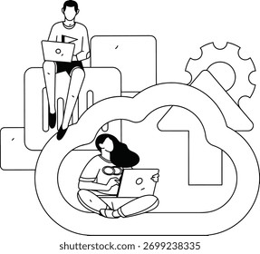 Dupla dinâmica colaborando perfeitamente com notebooks em meio a elementos e engrenagens abstratos da nuvem digital que simbolizam a tecnologia moderna e o trabalho em equipe