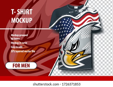 Dynamic eagle on the background of USA flag. Editable layout in Illustrator.