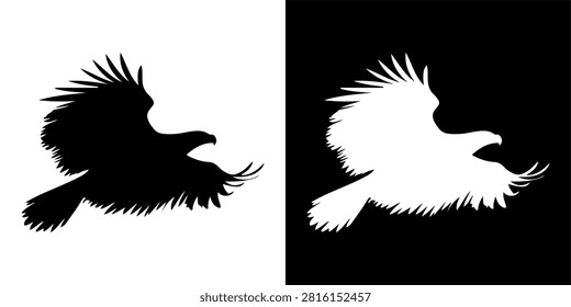 Dynamic eagle silhouette showcasing powerful wings and beak, symbolizing strength, freedom, and agility in flight against contrasting backgrounds.