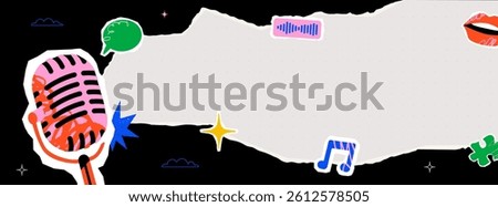 A dynamic and eclectic illustration with a microphone and a torn piece of paper with a musical note, a sound wave symbol and a speech bubble. A banner design template for a podcast or music project.