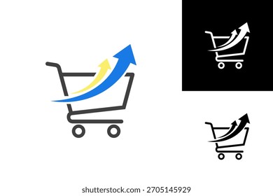 Dynamic E-commerce Growth Logo Design, Featuring a Shopping Cart with Rising Arrows Symbolizing Sales Increase and Business Expansion