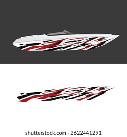 Dynamic and edgy boat livery decal design with an abstract, fragmented style in bold red, black, and white tones. Ideal for jet boats, racing boats