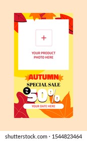 Dynamic editable abstract autumn backgrounds for social media stories template. Colorful Banners with Autumn Fallen leaves. Use for product special sale or discount to your business products
