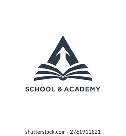 Dynamic educational emblem, open book within triangle for school or academy logo. Symbolizing upward progress and knowledge acquisition.