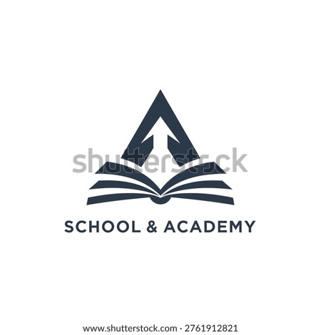 Dynamic educational emblem, open book within triangle for school or academy logo. Symbolizing upward progress and knowledge acquisition.