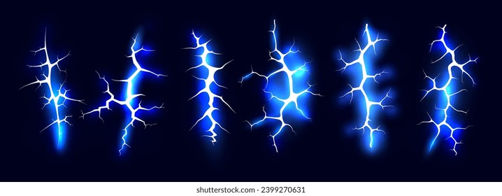 Dynamische Blitze mit elektrischer Blauer Blitz auf dunklem Hintergrund - Energie- und Stromkonzept. Einzelrahmen für elektrischen Streik, Zauberstrom-Hit und Donnerschlag. Vektorgrafik