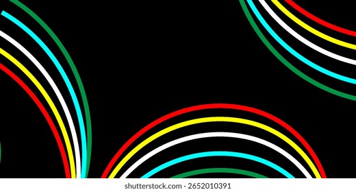 Plano de fundo abstrato dinâmico e elegante com arcos coloridos com arco-íris vibrantes em uma superfície metálica escura e elegante. Este design moderno evoca movimento, energia, 