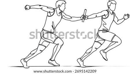 A dynamic and elegant minimalist single line art illustration captures the intense, crucial moment of a relay exchange between two runners.
