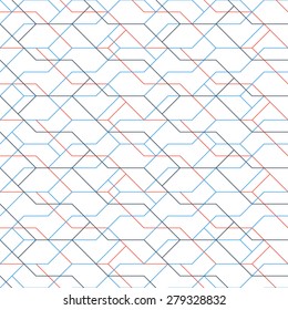 Dynamic elegant net of blue and red crossed lines. Seamless pattern
