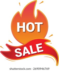 Emblema dinâmico com um gráfico de fogo e uma fita vermelha. Claramente significa um evento 'Hot Sale' perfeito para promoções de publicidade, descontos e eventos de liberação para atrair clientes.