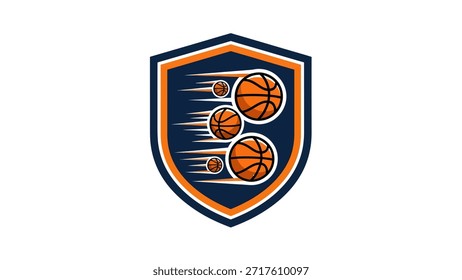 A dynamic emblem featuring multiple basketballs in motion within a shield shape, symbolizing speed and competition.