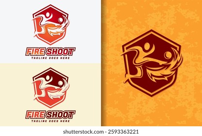 A dynamic emblem soccer logo symbol featuring a stylized figure kicking a ball merged with fiery flames. Sport vector illustration.