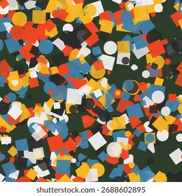 A dynamic and energetic abstract pattern composed of scattered geometric shapes. Circles squares and rectangles in bright oranges blues yellows and whites create a lively mosaic effect.