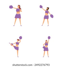 Dynamic and energetic cheerleader poses collection set with female characters in uniform and pom poms. Perfect for cheerleading performance. Sport. Dance. Routine