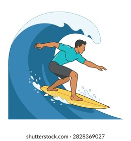 A dynamic and energetic illustration featuring a skilled surfer riding a powerful ocean wave, capturing the thrill of extreme water sports, coastal adventure, and the beauty of the vast blue sea environment.