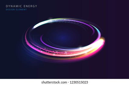 Dynamic energy abstract background, bright color flares glowing neon in the dark in the shape of oval