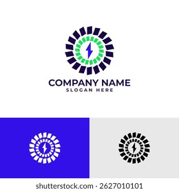 Dynamic energy logo in a circle. Radiating geometric shapes in blue and green surround a central purple lightning bolt. Modern, powerful design for the energy sector.