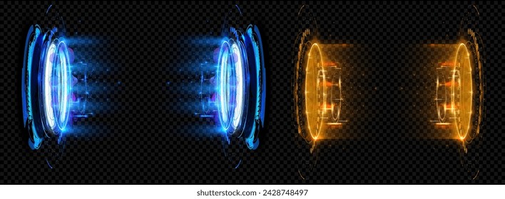 Dynamische Energieportale in Blau- und Orangetönen mit futuristischem Glanz. Zwei pulsierende Energieportale mit einer dynamischen Mischung aus blauen und orangefarbenen Lichtern, die futuristische Gateways symbolisieren. Magische Portale.