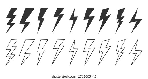 Dynamic energy strike symbol set. Minimalist bolt icon. Edgy lightning decal shapes. Sharp electric flash illustration. Black outline electric power icons