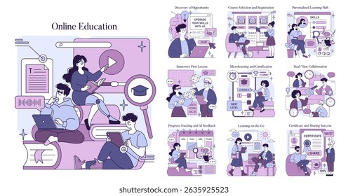 Dynamic and engaging graphics that showcase the diverse experiences of online education leveraging advanced technology