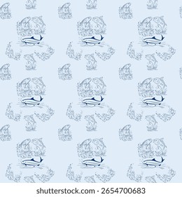 A dynamic and engaging seamless pattern featuring various fish and water splashes in shades of blue on a light blue background. 