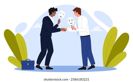 In a dynamic environment, two seasoned professionals unite to share innovative ideas, forming a strategic partnership symbolized by masks of trust and cooperation, essential for business success
