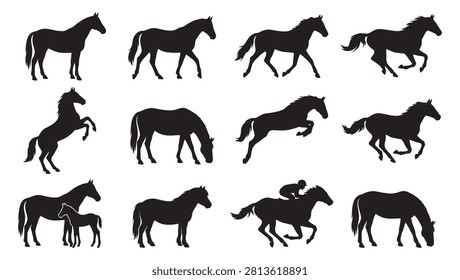 Dynamic equestrian horse silhouette vector collection featuring majestic stallions in various movements. Includes standing mares, trotting and galloping horses, a rearing wild stallion, a grazing horse with its head down, a mare with her young foal, jumping horses, and a professional jockey racing. Perfect for horse riding clubs, racetrack betting logos, ranch branding, and equestrian sports.