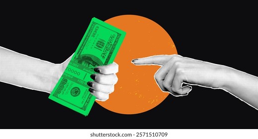 Dynamic exchange of value through currency, where hands reach out in a retro collage style, merging vibrant green money with timeless human connection amidst a contrasting background.