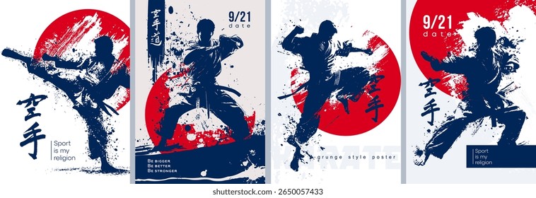 Dynamic and Exciting Martial Arts Posters Featuring a Wide Range of Various Action Silhouettes. Karate posters in grunge abstract style. Translation of hieroglyphs: karate.
