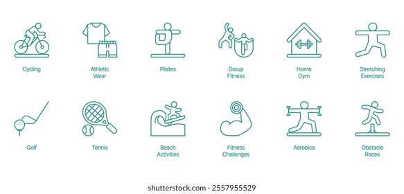 Dynamic Exercise and Recreation Icon Set - Vector Illustrations for Cycling, Athletic Wear, Pilates, Group Fitness, Home Gym, Stretching Exercises, Golf, Tennis, Beach Activities, Fitness Challenges 