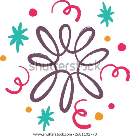 A dynamic explosion of crayon strokes forming a firework pattern with swirling lines and star shapes. Energetic loops and bursts create a festive and lively composition. Cartoon vector illustration.
