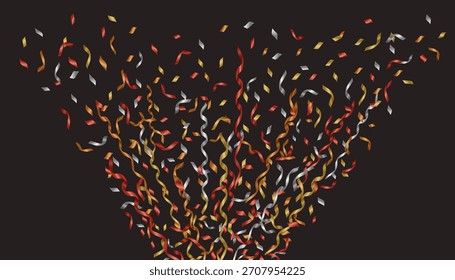 Explosión dinámica de caídas de confeti y serpentinas de cinta rizadora. Los colores metálicos incluyen oro, plata y rojo vibrante, sobre un fondo oscuro y sólido. 