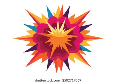 dynamic explosion graphic featuring vibrant colors and dramatic effects flat vector illustration on white background.
