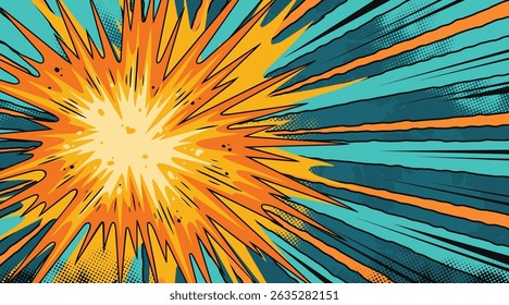 A dynamic explosion graphic showcases bold colors of orange and yellow set against a turquoise backdrop. Energetic lines radiate outward creating a sense of action and excitement.