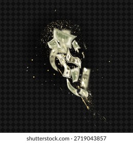 A dynamic explosion of green U.S. dollar bills flutters upward with golden sparkles and trails, evoking wealth, fortune, and financial excitement on a transparent background for versatile use.