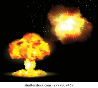 Dynamic explosion set featuring a nuclear mushroom cloud and a bright light blast on a black background. Powerful cinematic fire effects for action games, movies, and energetic graphic designs.