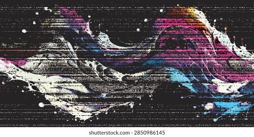 Dynamic explosion of vibrant paint splashes with a digital glitch effect, creating a sense of chaotic energy.