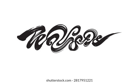 A dynamic and expressive abstract calligraphy design featuring bold black brush strokes forming a unique word or symbol against a white background.