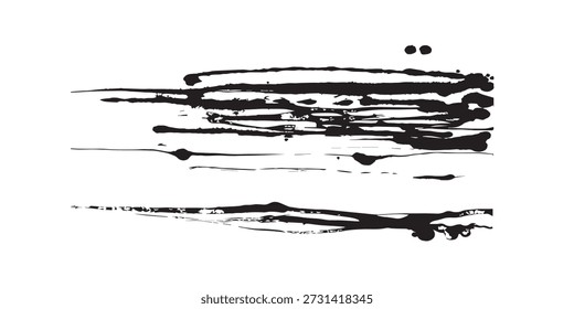Dynamic and expressive black ink brush strokes with various splatters, creating an abstract and artistic texture on a clean white background, perfect for creative projects.