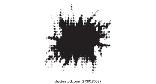 Una salpicadura de tinta negra dinámica y expresiva, creando una textura grunge con bordes nítidos e irregulares sobre un fondo blanco. Ideal para proyectos de Diseño gráfico.
