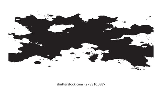 Um splatter de tinta preta dinâmico e expressivo, criando um elemento de textura grunge com formas orgânicas e densidades variadas, ideal para projetos de design artístico e gráfico.