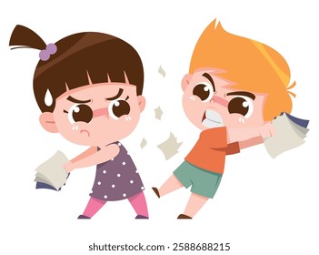 A dynamic and expressive digital illustration of two children engaged in an intense argument, aggressively pulling and tearing papers. 