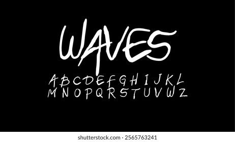 Dynamic and expressive hand-drawn typeface "Waves" with a fluid, casual style. Ideal for logos, posters, apparel, branding, or creative projects requiring a bold yet playful aesthetic