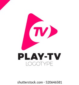 Dynamic, fast Play icon with letter TV in middle. Media company logo or film production studio or audio-visual studio or on-line media.