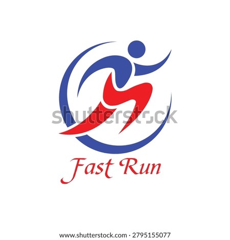 Dynamic fast run circle emblem vector logo design, blue and red runner silhouette