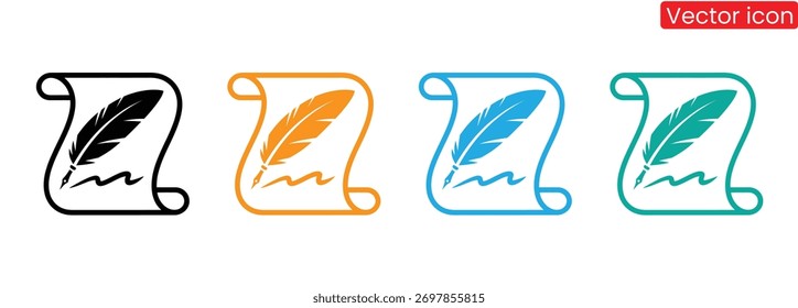 Ícones dinâmicos de penas e rolagem em uma variedade de cores, ideais para transmitir ideias de escrita, comunicação e atividades criativas. Perfeito para marcas, design e contextos educacionais.