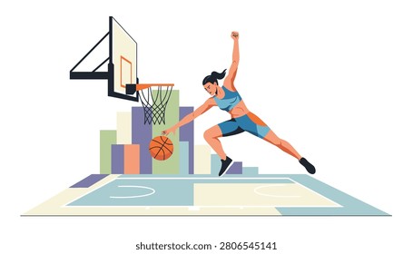 Dynamic female basketball player jumping high to dribble the ball on a colorful modern outdoor basketball court.